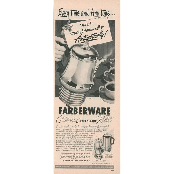 1950 Farberware Percolator Ad - Automatic Robot Coffeemaker - Vintage Coffee Kitchen Decor or Collectible - Unframed