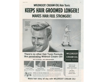 1959 Wildroot Hair Tonic Ad - Vintage Men's Hair Grooming Cream-Oil, Unframed Bathroom Art