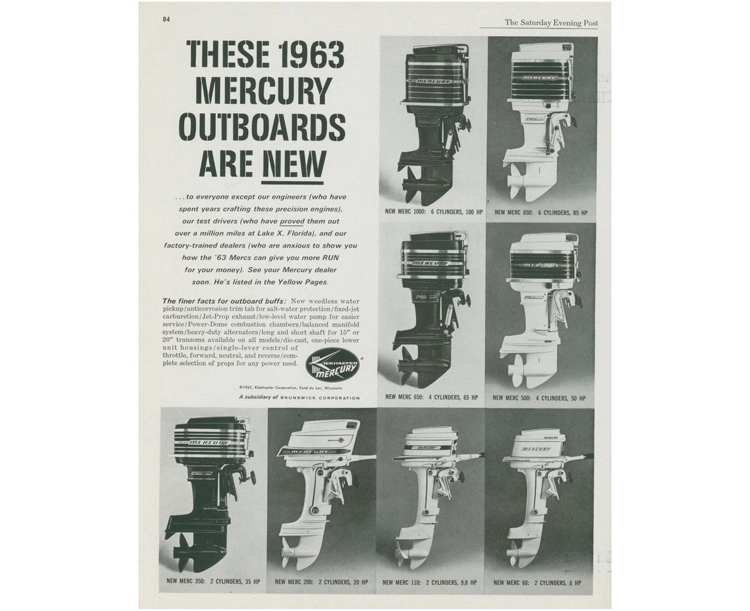 1962 Mercury Outboard Ad Vintage Boat Motors, 8 Models, Boating