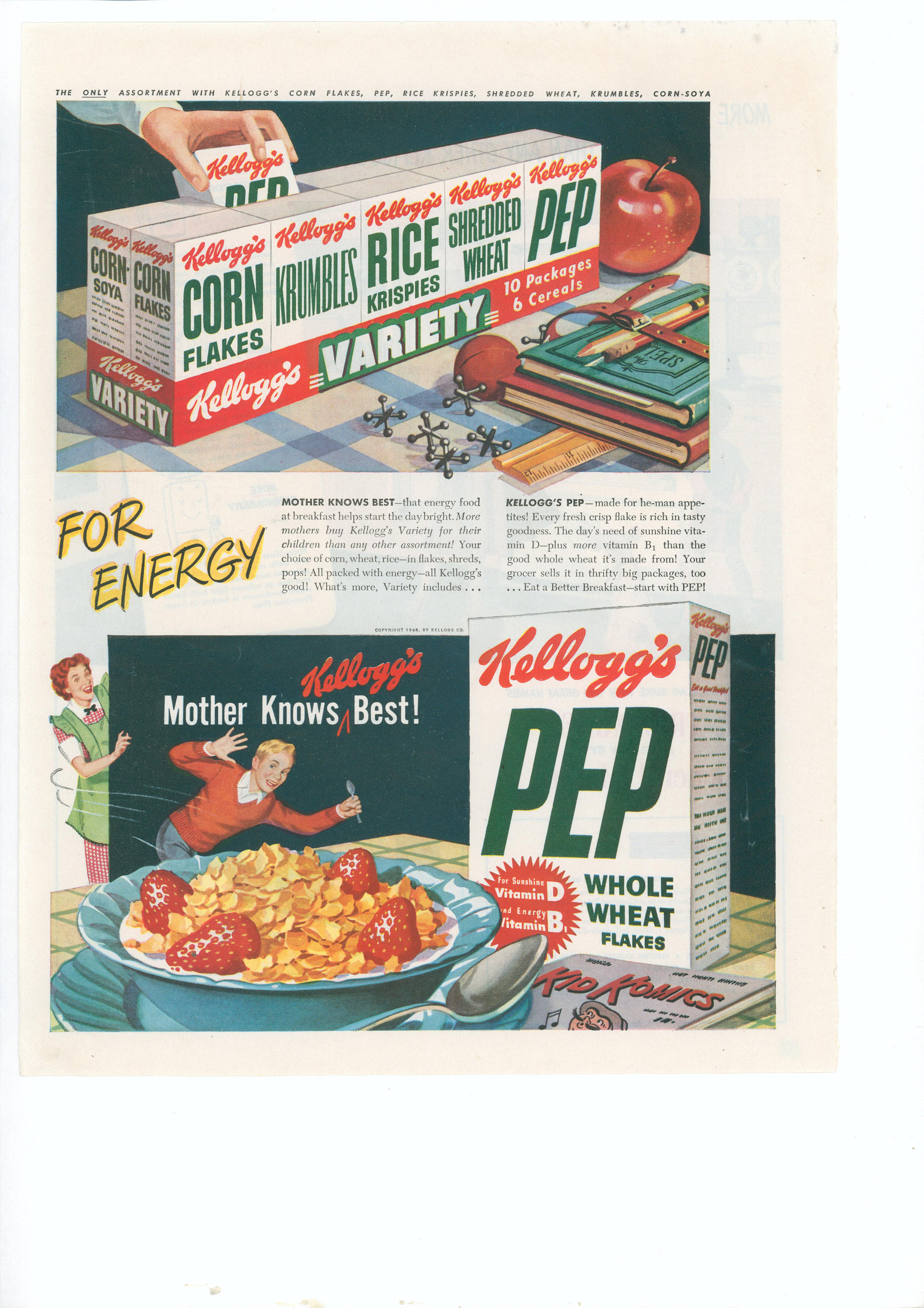 1948 Kellogg's Cereal Ad - Pep, Corn Flakes, Krumbles, Rice