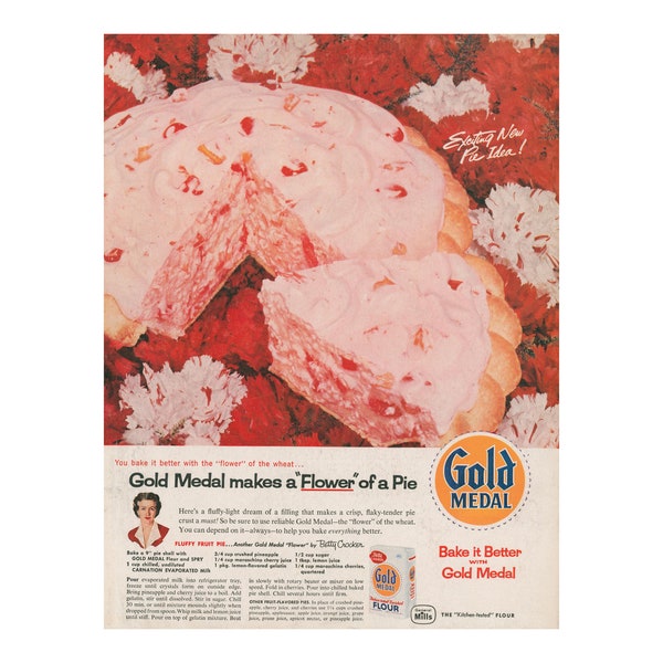 1957 Betty Crocker Ad for Gold Medal Flour with Pink Fluffy Fruit Pie Recipe - Vintage Baker Wall Decor or Collectible - Unframed