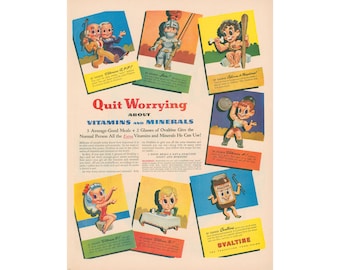 1943 Ovaltine Ad - Vintage Cartoon Characters Enjoy Health Benefits of Ovaltine - Unframed Colorful Kitchen Art