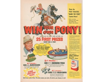 1955 Roy Rogers Win a Pony with Post Toasties Ad - Vintage Pony Contest Magazine Ad - Roller Skates Swimming Pool, Saddle Bridle - unframed