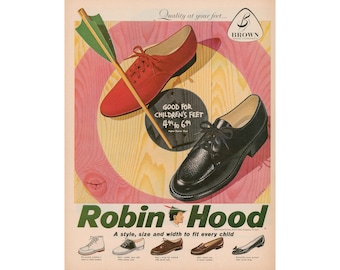 1958 Robin Hood Shoes Ad - Vintage Children's Footwear, Brown Shoe Company - Unframed