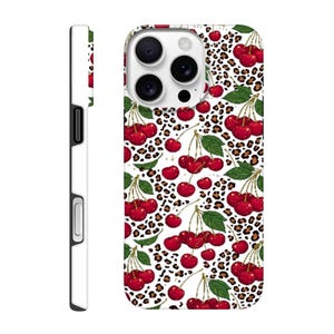 May include: A smartphone case featuring a repeating pattern of bright red cherries with green leaves set against a black and tan leopard print background. The case includes a cutout for a triple-lens camera system and side button access.