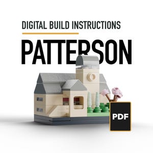 May include: Digital build instructions for a building model named PATTERSON. The model is constructed from beige, gray, and green plastic bricks, featuring a central tower, a gray roof, and small pink flower elements. A black PDF icon is included.