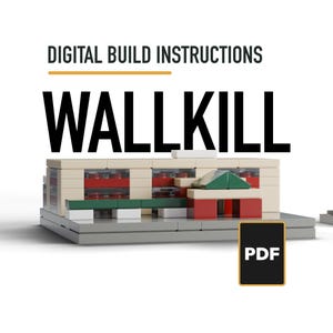 May include: Digital build instructions for a brick-constructed model labeled WALLKILL. The model features tan walls, red accents, a green roof section, and a gray base. A black PDF icon is displayed in the lower right corner of the image.