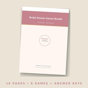 May include: A printable bridal shower games bundle document featuring a dusty rose header with white text reading Bridal Shower Games Bundle, 8 Guest Games, Host Answer Key, and a central circle with the text PRINTABLE print at home or use on your tablet.