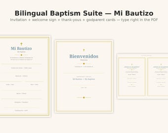 Bilingual Baptism Stationery Suite, Mi Bautizo My Baptism, Editable Invitation Welcome Sign Thank You Godparent Cards, Fillable PDF