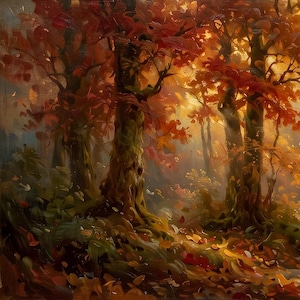 May include: An oil painting of a dense forest scene during autumn, featuring thick tree trunks with textured bark, vibrant red and orange foliage, and a ground covered in fallen leaves, illuminated by warm golden light filtering through the trees.