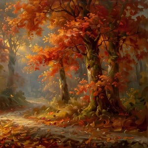 May include: An oil painting of a forest scene during autumn, featuring trees with vibrant orange and red foliage. A path covered in fallen leaves winds through the woods, with soft, diffused sunlight filtering through the branches and canopy.