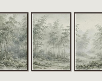May include: A triptych of three vertical wall art prints featuring a monochromatic watercolour painting of a bamboo forest. The scene depicts tall, slender bamboo stalks amidst misty, soft-focus foliage and rocky terrain in shades of muted sage green.