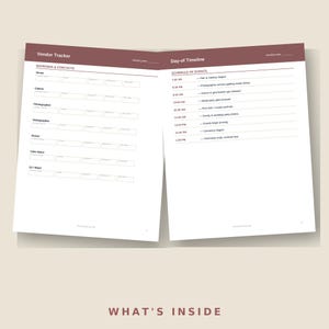 May include: A two-page wedding planner spread with a dark maroon header. The left page features a Vendor Tracker with fields for venue, caterer, photographer, videographer, florist, cake baker, and DJ. The right page shows a Day-of Timeline.