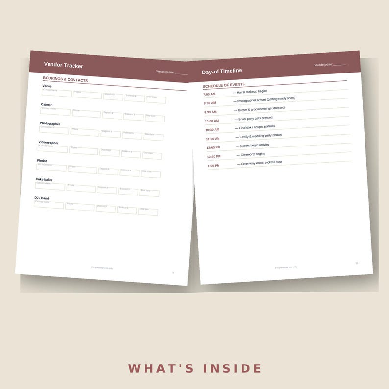 May include: A two-page wedding planner spread with a dark maroon header. The left page features a Vendor Tracker with fields for venue, caterer, photographer, videographer, florist, cake baker, and DJ. The right page shows a Day-of Timeline.