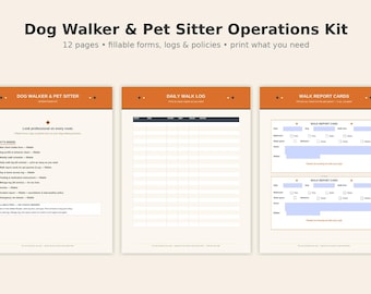 Dog Walker & Pet Sitter Operations Kit, Fillable Intake Forms, Walk Log, Report Cards, Invoice, Key Log, Mileage Tracker, Download