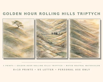 May include: A triptych of three watercolour prints titled GOLDEN HOUR ROLLING HILLS TRIPTYCH. The artwork depicts rolling hills in muted neutral tones with a single tree and agricultural fields. The prints are 20.32x25.4 cm and US letter size.