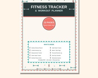 May include: A fitness tracker and workout planner document with a cream background, a dark grey header, and a coral circle containing the text 12 PAGES TRACK EVERY REP. It includes a list of contents like a weekly planner and habit tracker.