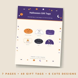 May include: A printable sheet of Halloween gift tags featuring a purple header with the text Halloween Gift Tags, 48 printable tags, 6 cute designs, and To / From on every tag. The sheet displays six distinct tag designs including a jack-o'-lantern, ghost, bats, candy corn, spider, and moon with stars.