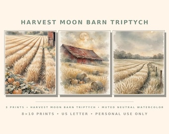 May include: A triptych of three watercolour prints titled HARVEST MOON BARN TRIPTYCH. The images depict a wheat field with pumpkins, a red barn under a full moon, and a rural landscape with a fence. Text includes 3 PRINTS, 8x10 PRINTS, US LETTER.