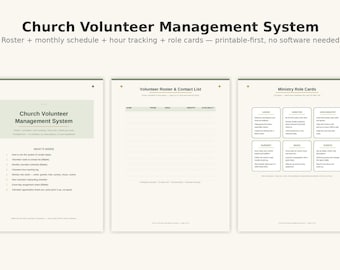 Church Volunteer Management System | Roster, Monthly Schedule, Hour Tracker & Role Cards | Printable Church Forms