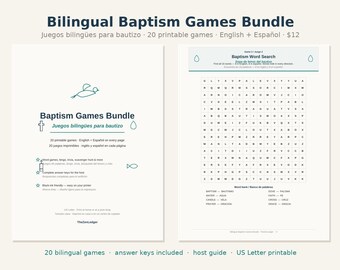Bilingual Baptism Games Bundle English Spanish | 20 Printable Christening Party Games with Answer Keys