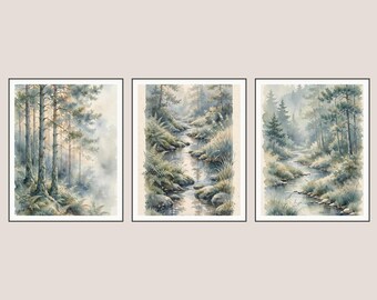 May include: A set of three framed watercolour prints featuring forest landscapes. The left print shows tall pine trees in a misty forest. The centre and right prints depict a winding stream flowing through a lush, green, and rocky woodland area.