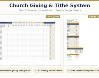 Church Giving & Tithe Tracker | Church Treasurer Spreadsheet with Weekly Count Sheets, Donor Records and Budget Reports