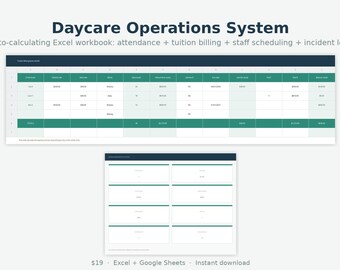 Daycare Operations System Excel | Attendance Tracker, Tuition Billing, Staff Schedule & Incident Log | Home Daycare Spreadsheet