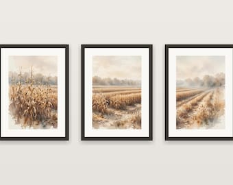 May include: A set of three framed watercolour prints featuring golden cornfields in autumn. Each print is encased in a black frame with a white mount, displaying rows of dried corn stalks under a soft, muted sky with hazy, light brown and tan tones.