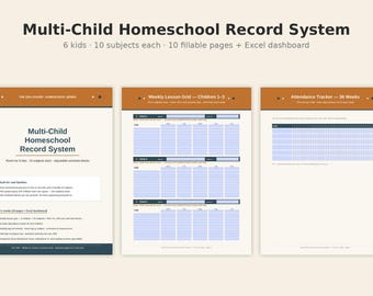 Multi-Child Homeschool Record System | 6 Kids 10 Subjects Weekly Planner, Attendance & Reading Log Printable + Excel Dashboard