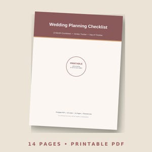 May include: A printable wedding planning checklist document featuring a dark maroon header with white text reading Wedding Planning Checklist, 12-Month Countdown, Vendor Tracker, and Day-of Timeline. The page includes a central circle with PRINTABLE text.