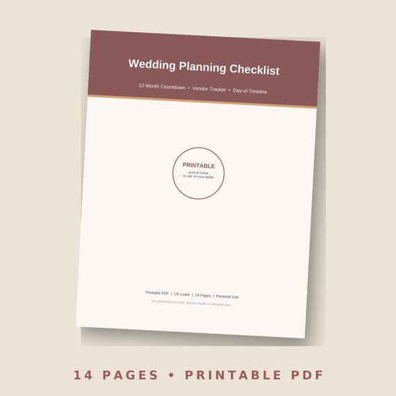 Wedding Planning Checklist Printable | 12 Month Wedding Countdown Planner, Vendor Tracker & Day Of Timeline | Bridal Planner PDF