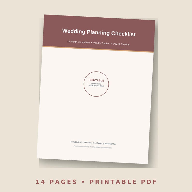 May include: A printable wedding planning checklist document featuring a dark maroon header with white text reading Wedding Planning Checklist, 12-Month Countdown, Vendor Tracker, and Day-of Timeline. The page includes a central circle with PRINTABLE text.