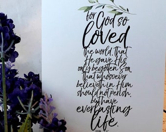 lot de 4 verset texte biblique Jean 3 v 16 carte A6 impression d'art arbre écritures chrétiennes calligraphie peinture cadre ikea moderne
