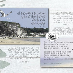 May include: Two inspirational cards with watercolor backgrounds featuring seagulls and cliffs. The first card features the text "He that dwelleth in the secret place of the most High shall abide under the shadow of the Almighty." The second card features the text "Still, still with Thee, when purple morning breaketh, When the bird waketh, and the shadows flee;  Arier than morning, lovelier than daylight, Draws the sweet consciousness, I am with Thee."