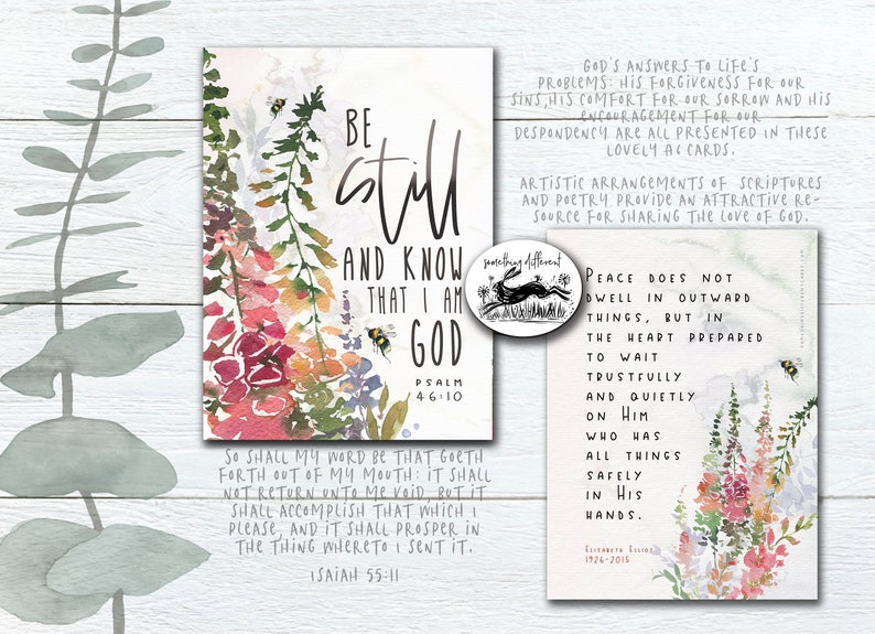 May include: A watercolour floral design with a quote from Psalm 46:10, "Be still and know that I am God." The quote is surrounded by pink, purple, and green flowers and leaves. The background is white.