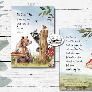 May include: Two-sided art print with watercolour illustrations and Bible verses. Side 1 shows a bear and raccoon with text: "The Son of God... loved me, and gave Himself for me." Side 2 shows an owl and text: "For God so loved the world..."