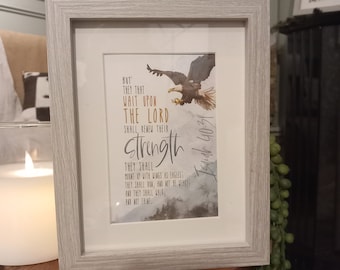 framed Bible verse text picture mothers or fathers day or birthday gift. Eagle scripture kjv.   Watercolour christian print.