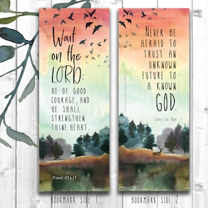 May include: Two watercolour bookmarks with inspirational quotes. The first bookmark features a forest scene with a quote from Psalm 27:14, "Wait on the Lord: Be of good courage, and he shall strengthen thine heart." The second bookmark features a forest scene with a deer and a quote from Corrie ten Boom, "Never be afraid to trust an unknown future to a known God."