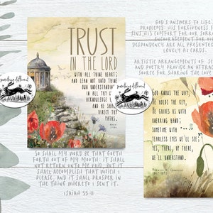 May include: Art prints with watercolour illustrations and inspirational quotes. One print features the words "Trust in the Lord" with a landscape. Another shows a poppy and a quote about divine guidance. Includes a circular logo.