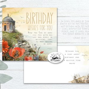 Carte d'anniversaire chrétienne Temple de Mussenden N Irlande peinture - verset d'écriture biblique d'art - carte religieuse kjv pour homme femme AV