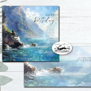 1 carte d'anniversaire pour homme ou garçon, peinture de bateau de pêche en mer - verset d'écriture biblique d'art - carte religieuse kjv pour homme garçon