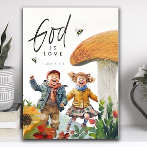 ¡Oferta! Impresión bíblica infantil para enmarcar, pintura con texto en acuarela, versículo A4: Dios es amor. Regalo para niños, premio para la escuela dominical.