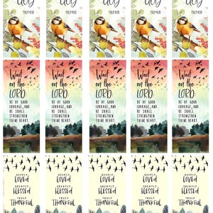May include: Set of ten watercolour bookmarks with inspirational Christian quotes. The bookmarks feature a variety of nature scenes, including birds, trees, and flowers. The quotes include "Be still and know that I am God" and "Wait on the Lord: Be of good courage, and he shall strengthen thine heart."