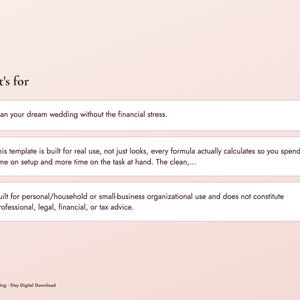 May include: A digital information graphic on a pale pink background with the heading Who it's for. It features three white rectangular boxes with dark pink circular bullet points containing text about wedding planning and template usage.