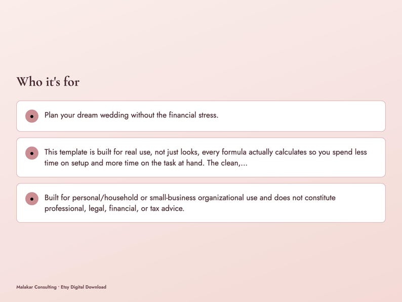 May include: A digital information graphic on a pale pink background with the heading Who it's for. It features three white rectangular boxes with dark pink circular bullet points containing text about wedding planning and template usage.