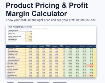May include: A digital Product Pricing & Profit Margin Calculator spreadsheet template. The interface displays a bulk price list for 20 products with columns for materials, labour, packaging, shipping, selling price, and calculated profit per unit.