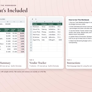 May include: A digital wedding budget workbook featuring three tabs: Budget Summary, Vendor Tracker, and Instructions. The Budget Summary displays categories, estimated and actual costs, and percentages. The Vendor Tracker lists vendors, categories, contacts, and quotes. The Instructions tab provides five numbered steps for usage.