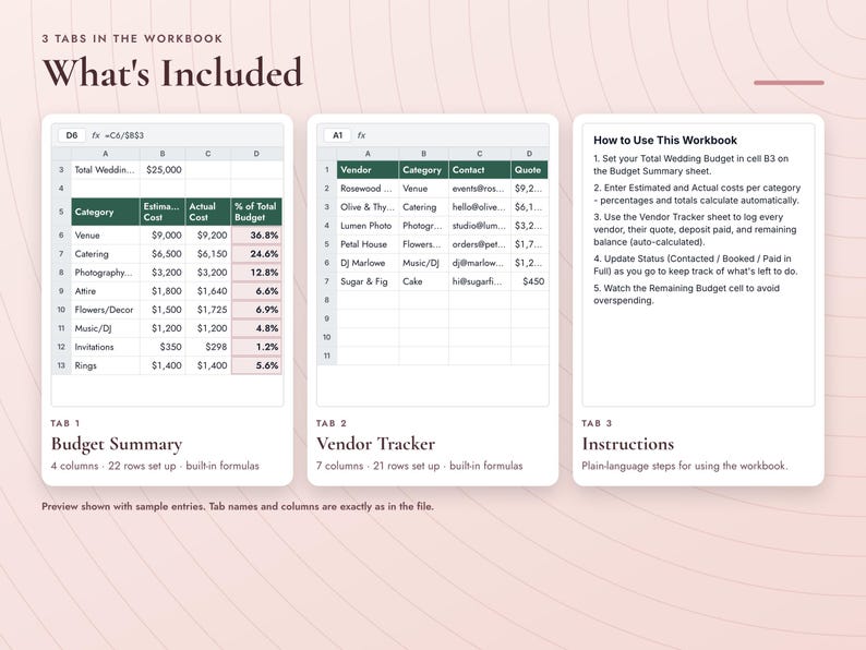 May include: A digital wedding budget workbook featuring three tabs: Budget Summary, Vendor Tracker, and Instructions. The Budget Summary displays categories, estimated and actual costs, and percentages. The Vendor Tracker lists vendors, categories, contacts, and quotes. The Instructions tab provides five numbered steps for usage.
