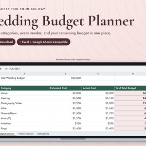 May include: A digital wedding budget planner spreadsheet displayed on a laptop screen. The interface features columns for category, estimated cost, actual cost, and percentage of total budget, with rows listing expenses like venue, catering, and photography.